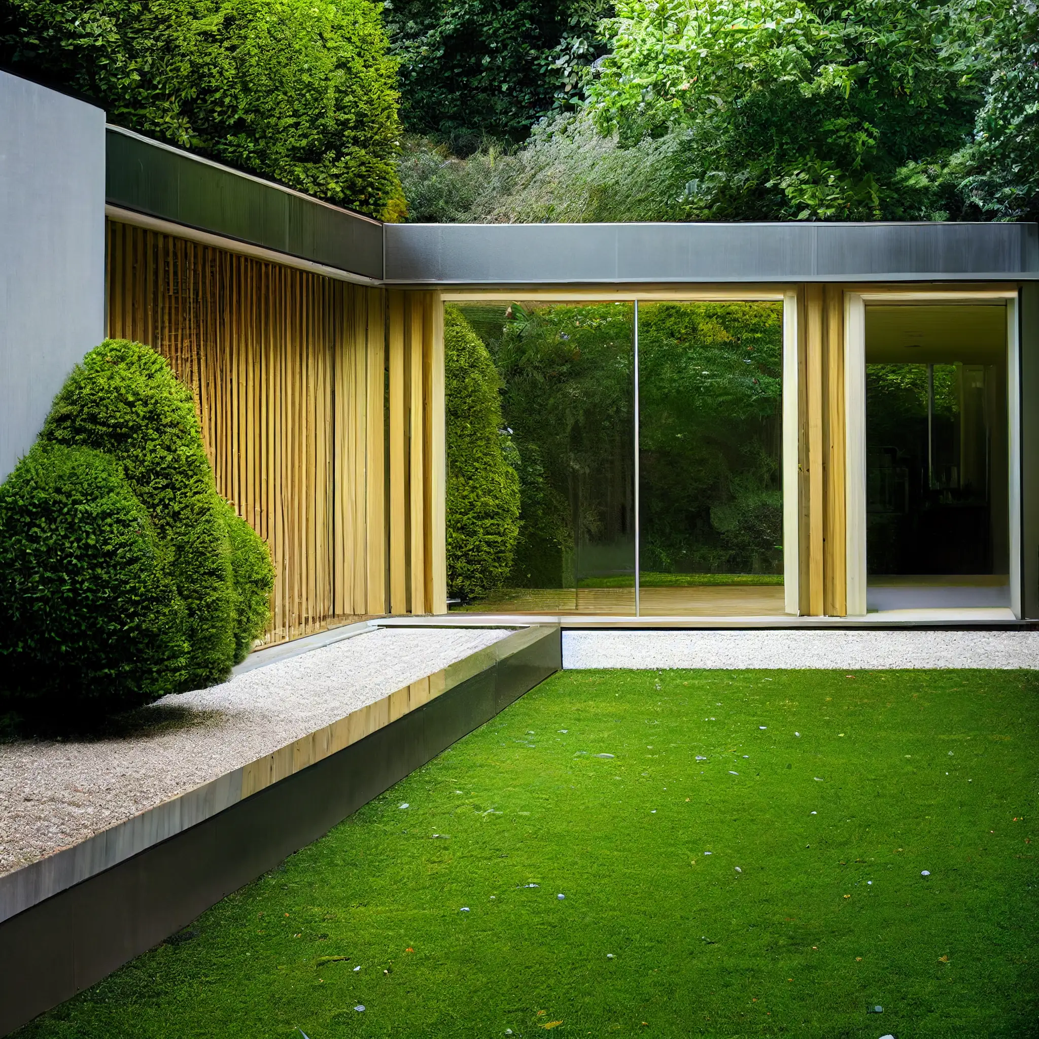 Contemporary timber garden room illuminated at dusk