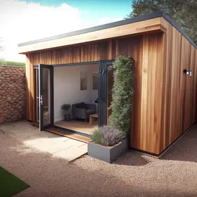 Thermowood garden room with night lighting
